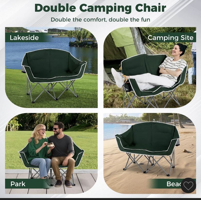 Costway Double Duo Camping Chair with Armrests Cup Holders Carry Bag Heavy Duty Lawn Chair