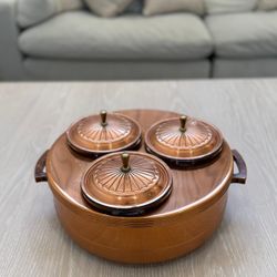Vintage Mid-Century Copper Lazy Susan with 3 Glass Insert Bowls & Lids