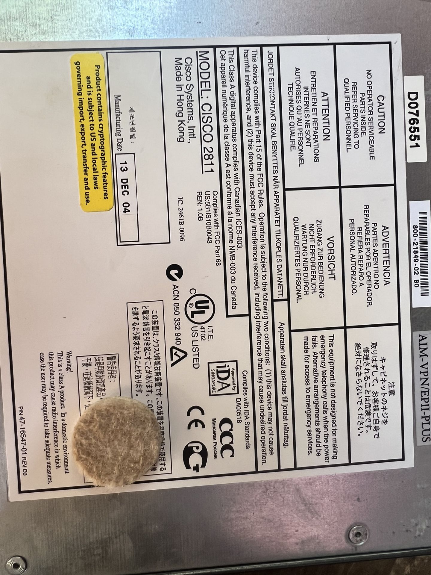 CISCO2811-SEC/K9 CISCO 2811 SECURITY ROUTER