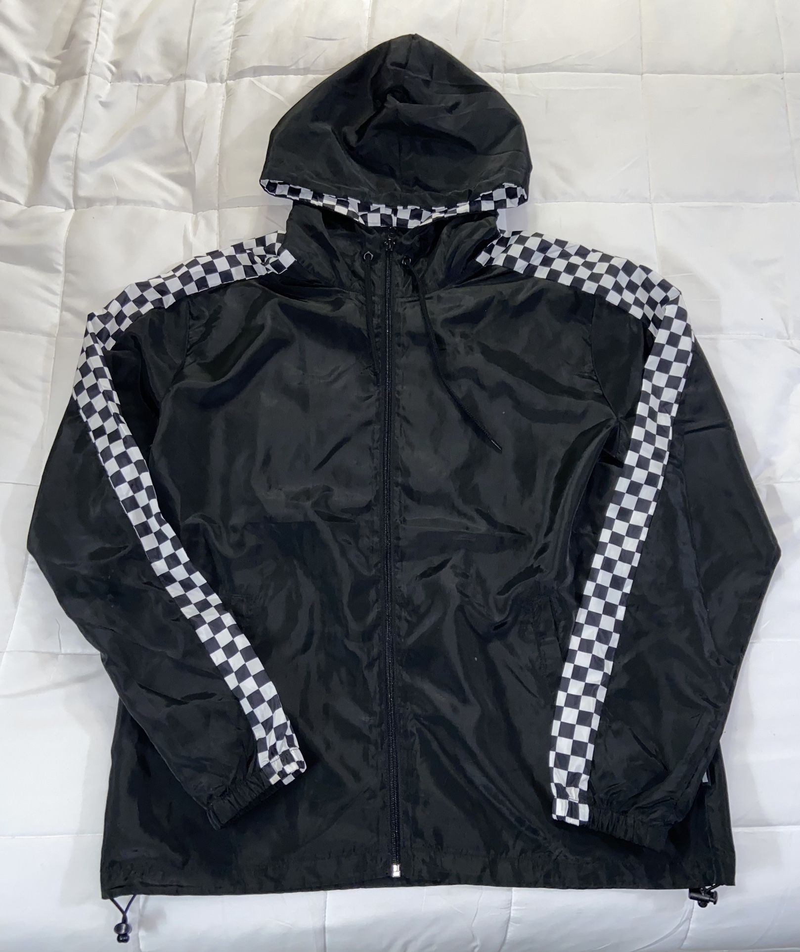 Womens Beautiful Giant White & Black Checkered Sleeve Zip Up Windbreaker Jacket Sz L/Large