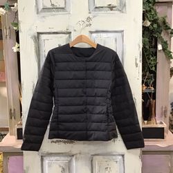 Black Long Sleeve Down Puffer Jacket With Front Snap Buttons And Pockets Size M