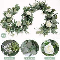 Brand New 2 Pack 13Ft Artificial Spring Eucalyptus Flower Garland with White Roses, Fake Flower Greenery Floral Green Garland Vines for Wedding Arch T