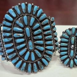 Native American Turquoise Petit Point Needle Point Cuff Bracelet And Matching Ring Size 7.5. ALL OTHERS SOLD SEPARATELY 