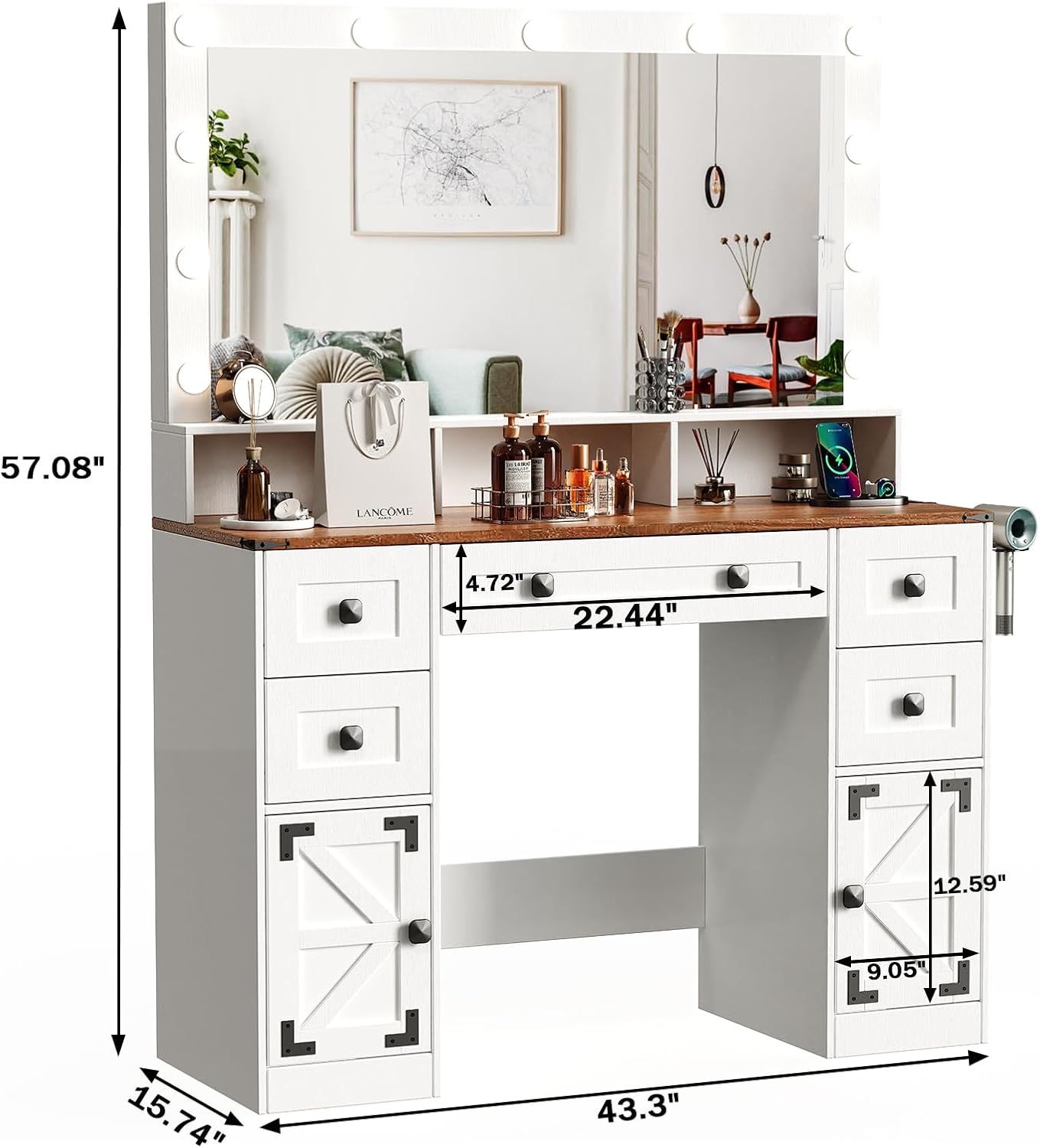 New! Hollywood LED Lighted mirror vanity desk with storage drawers