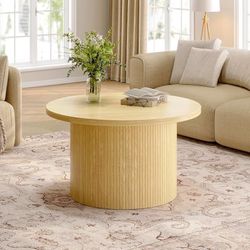 31.5" Round Coffee Table, Tambour Design Coffee Tables for Living Room, Mid Century Modern Wood Coffee Table, Drum Accent Small Center Table, Oak