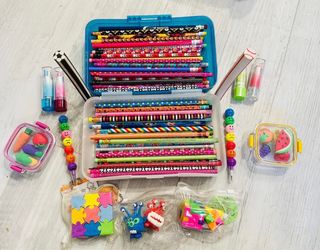School supply bundle. Pencils and erasers