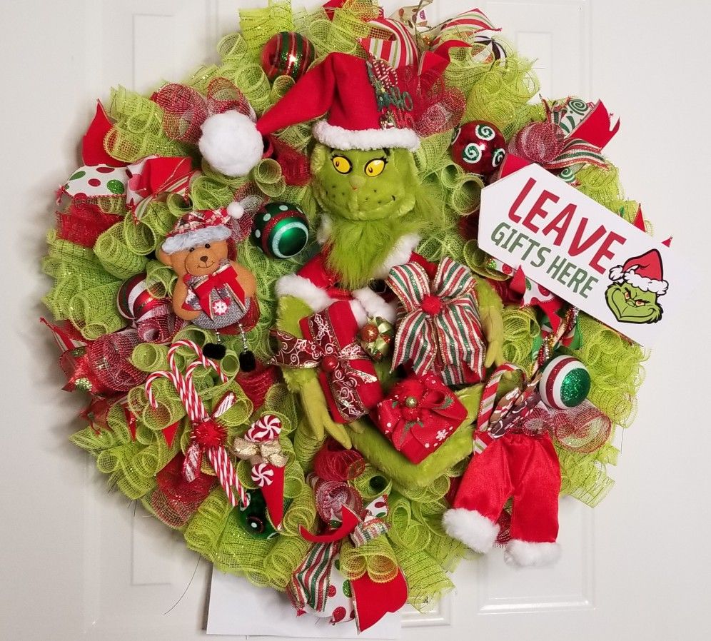XL 28" Christmas Greedy Grinch Deco Mesh Front Door Wreath Decor Whoville
