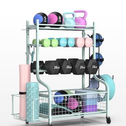Dumbbell Rack, Weight Rack for Dumbbells, Home Gym Storage for Dumbbells Kettlebells Yoga Mat and Balls, All in One Workout Storage with Wheels and Ho