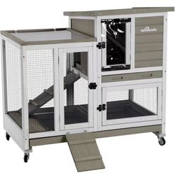 Upgrade Rabbit Cage Indoor Bunny Hutch with Run with Two Deeper No Leak Trays - 4 Casters Include for Outdoor (Mocca)