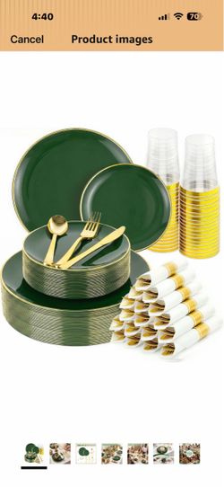 350pcs Plastic Dinnerware Set Green and Gold for 50 Guests Disposable Plastic Plates Include 100 Elegant Plastic Plates,50 Cups and 50 Pre Rolled Napk