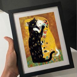 Gustav Klimt Inspired Cat Art Print – Black Framed Print (5x7)