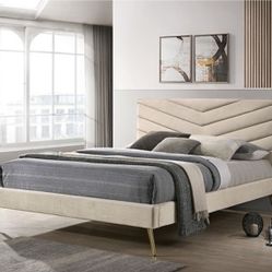 Beige Queen Bed Frame - Mattress Sold Separate 