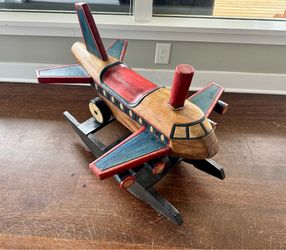 Vintage 1980s Hand-carved Wooden Rocking Airplane