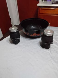 Halloween Skull Cups and Candy Bowl Set