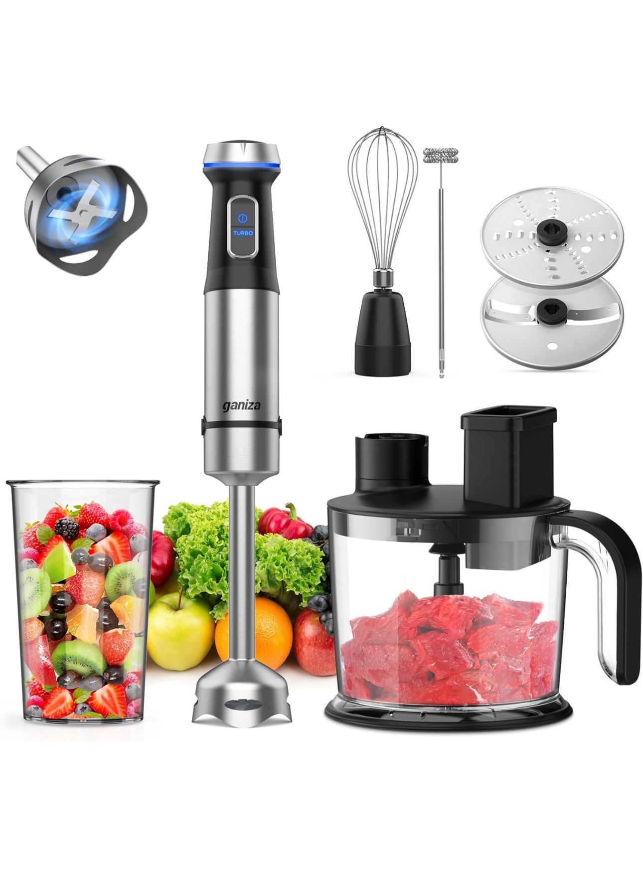 Ganiza Immersion Blender 7 in 1 Hand Blender 800W Heavy Duty Motor, 15 Speed and Turbo Mode Handheld Blender Stainless Steel Sitck Blender With 1500ml