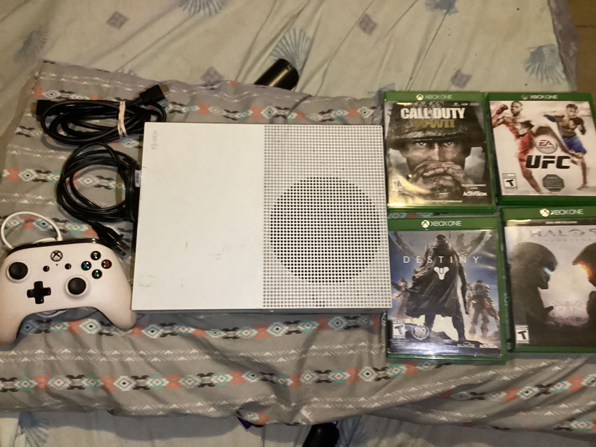 Microsoft Xbox One S 500 GB Console with cords,powerA controller and 4 games Call of duty WW 2,Destiny,Halo 5,and UFC 