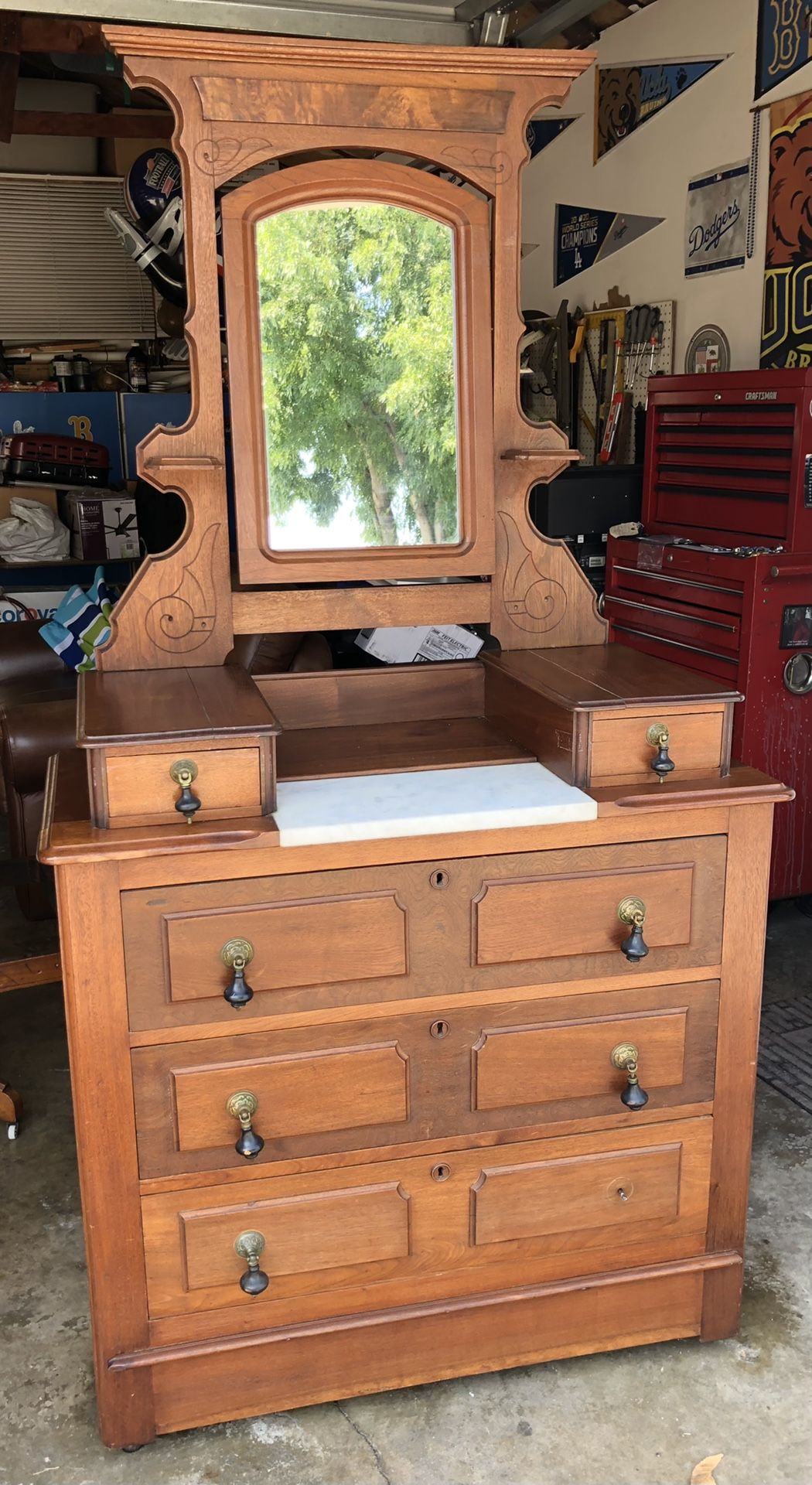 Antique Vintage Victorian Wood 3 Drawer Dresser Vanity With Mirror Brass Knobs 