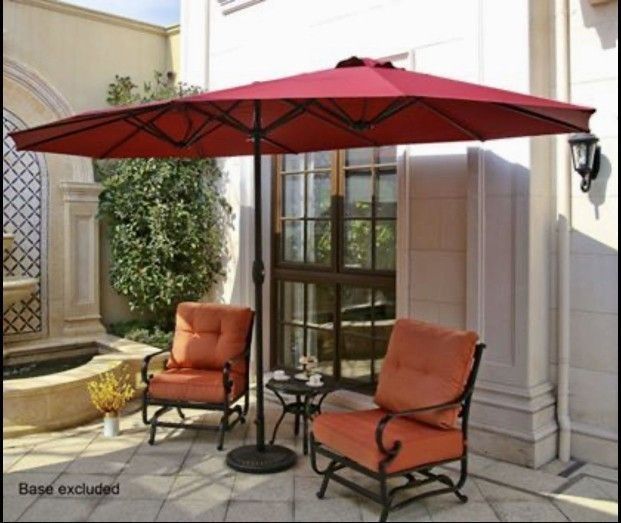 15x9 patio umbrella with base Easton Twin 15 x 9 ft. retangular shape Market / Outdoor dining table with built Nuu Garden 15 ft. Double-Sided
