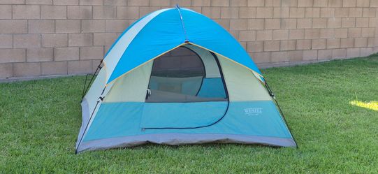 Wetzel three pole tent with canopy and mosquito screens on door and Window
