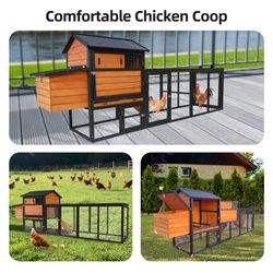 brown+black Wooden Chicken Coop, Large Outdoor Hen House with Run and Nesting Box Poultry Cage, Rabbit Hutch, Waterproof Anti-UV Panel for Backyard