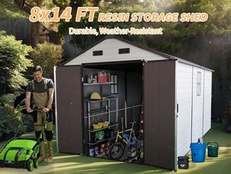 8x14x7.6 Ft Outdoor Resin Storage Shed with Windows, Strong Aluminum Frame & Floor for Garden, Backyard Organization (White+Brown)