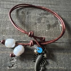 Leather Anklet Handmade With Bronze Charm & Freshwater Pearls 