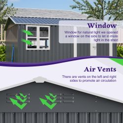 10X8FT Outdoor Steel Storage Shed with Clear Window, Lockable Doors, Weather-Resistant Metal Tool Shed for Garden, Backyard, Patio, and Utility Storag