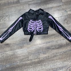 Spirit Halloween Black Faux Leather Jacket with Purple Skeleton Kids Size Small