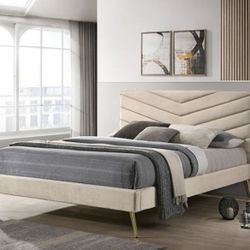 Brand New Beige Mid Century Style Queen Bed Frame (Available In Eastern King)
