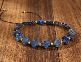 Natural Lapis Lazuli Stone Four-Leaf Clover Braided Bracelet – Adjustable Boho Unisex Bracelet