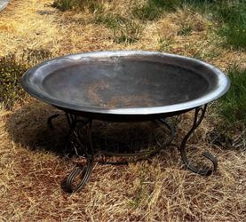 Rustic Round Metal Fire Pit Bowl with Ornate Scroll Stand