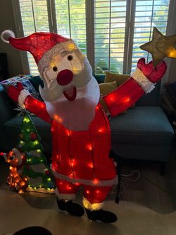 4’ tall Lighted Twinkling Rudolph Nose & Star Lawn Christmas Santa w/ Lighted Christmas Tree
