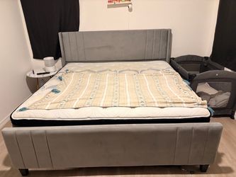 Gray Upholstered King Bed Frame