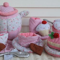 Kids Plush Play Food -Vintage Pottery Barn Kids Pink Gingham & Floral Teaset -Cups, Saucers, Tea Bags, Creamer, Sugar, Spoons & Cakes (Lillian Vernon)