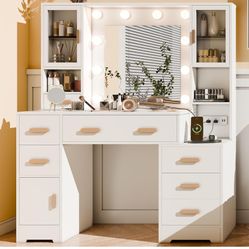 Makeup Vanity Desk with Mirror and Lights & Charging Station, White Vanity Desk with 3 LED Light Modes