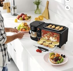 Breakfast Station, 3 in 1 Toaster Oven ＆ Coffee Maker, Large Capacity Versatile Breakfast Maker with 100°C-230°C Adjustable Temperature and 60min Time