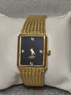 ​Working Vintage Xavier Tank Watch - Gold Tone - Black Dial w/ 4 Diamond Accents