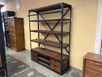 ARHAUS FURNITURE Distressed Metal & Wood Industrial Bookcase w/ 4 Bottom Drawers
