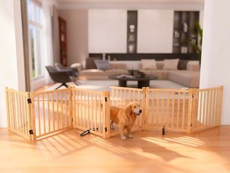 YOCAN Dog Gate with Door, Non-Painted 23" Tall 6-Panel Foldable Freestanding Wooden Pet Gate - NEW