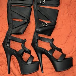 7” Stiletto Heels, Open Toe Thigh High Boots Black Str Faux Leather/Black Matte Size 7 Pleaser 