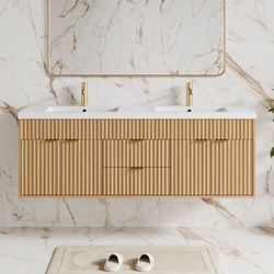 60" Fluted Bathroom Vanity Cabinet with 2 Drawers, Vanity with Sink and 4 Soft-Close Doors, Floating Vanity Cabinet, Oak Finish (Includes Black Faucet