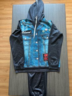 Beloved Denim Print Hoodie Tracksuit Set