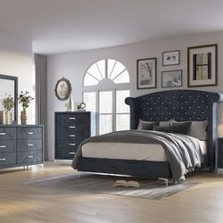 Brand New Blue  Grey Gray  Queen Glam Bedroom Set With  Tufted Crystal  Headboard Includes Nightstand Dresser Mirror And Chest 