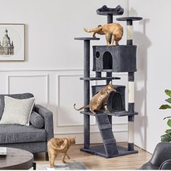 XL Cat Tree, 80in Multi-Level Tower With Scratching Posts, Double Caves, Perched Platforms and Dangling Balls, Stand House for Kittens Pet, Dark Gray