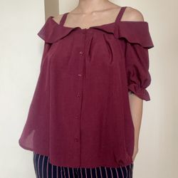 Wine flowy cold shoulder blouse
