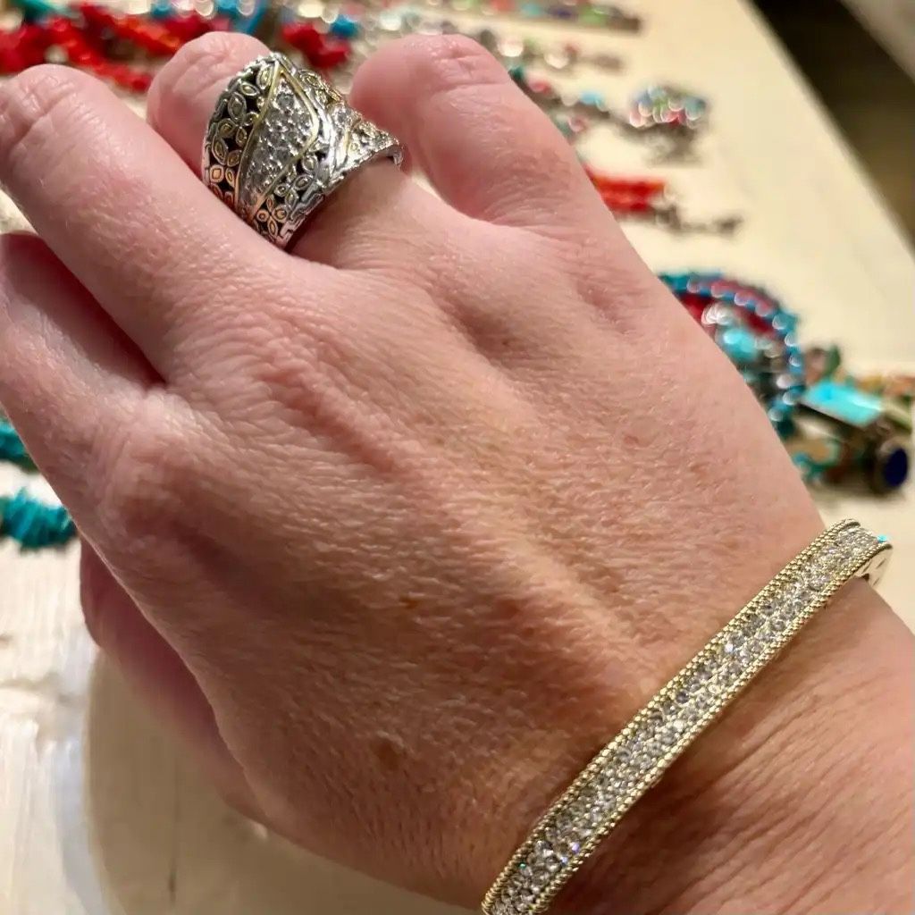 Ring and bracelet set: Sterling CZ Ring + Gold Tone Pavé Hinge Bracelet