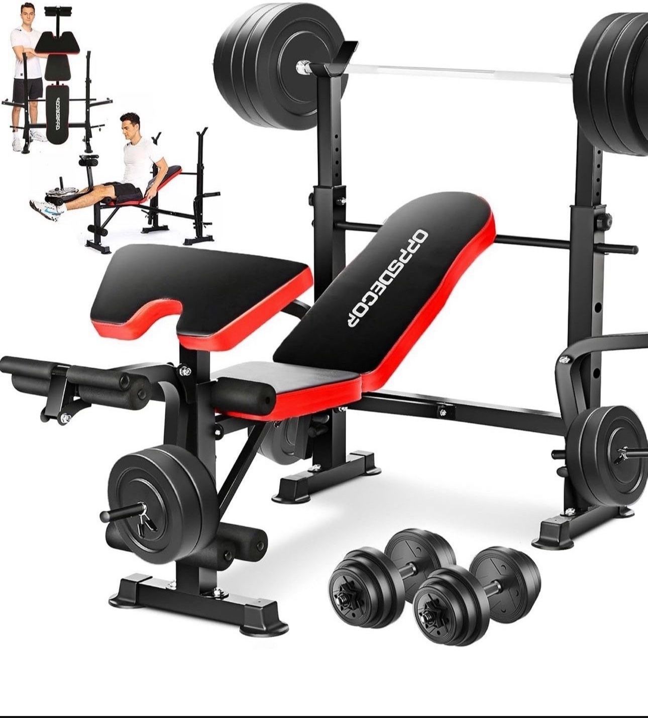 OPPSDECOR 6 in 1 660lbs Weight Bench with Leg Extension and Leg Curl, Foldable Bench Press Set and Squat Barbell Rack with Preacher Curl, Adjustable W