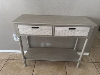 Light Gray mix with off white color console table with two drawers and a shelf #console #storage . Very light scratches on the top shelf barley visi