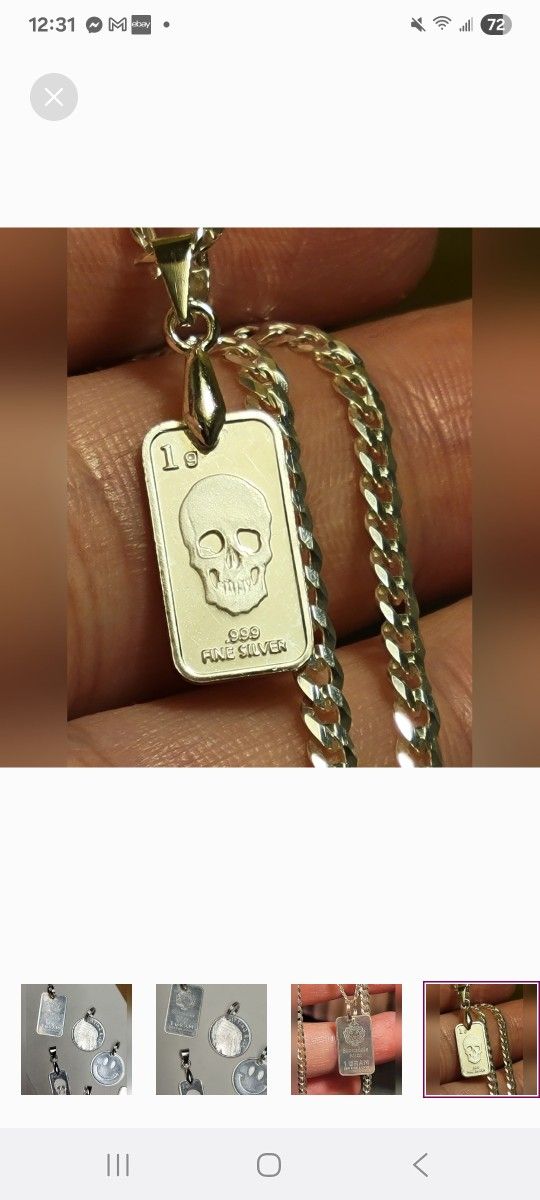 .999 Fine Silver Skull Pendant W/ 925 Sterling Silver Bail 