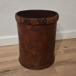 Vintage Floral Etched Wood Rattan Waste Paper Basket 12"